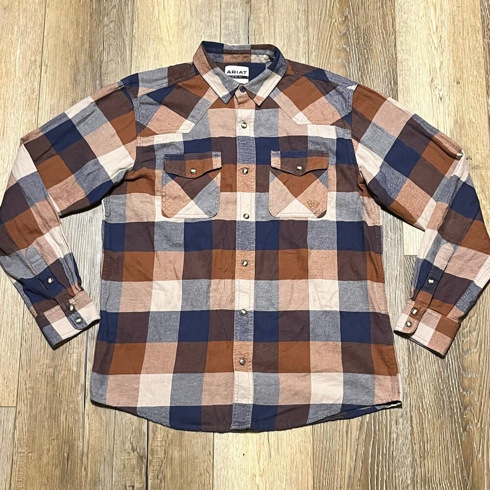 Ariat Mohogany Haider Retro Fit Plaid Pearl Snap Shirt L Double Front Pockets - Picture 2 of 8